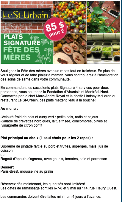 Le menu de la fête des Mères du Saint-Urbain "Plats signature" au profit de la Fondation Ahuntsic-Montréal-Nord